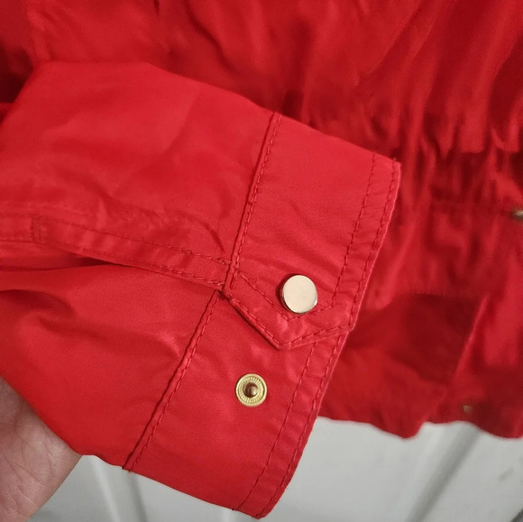 Zara Basic red windbreaker jacket pockets detachable hood adjustable waist small - Picture 10 of 12